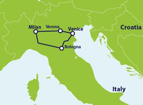 Map with train route Venice to Milan